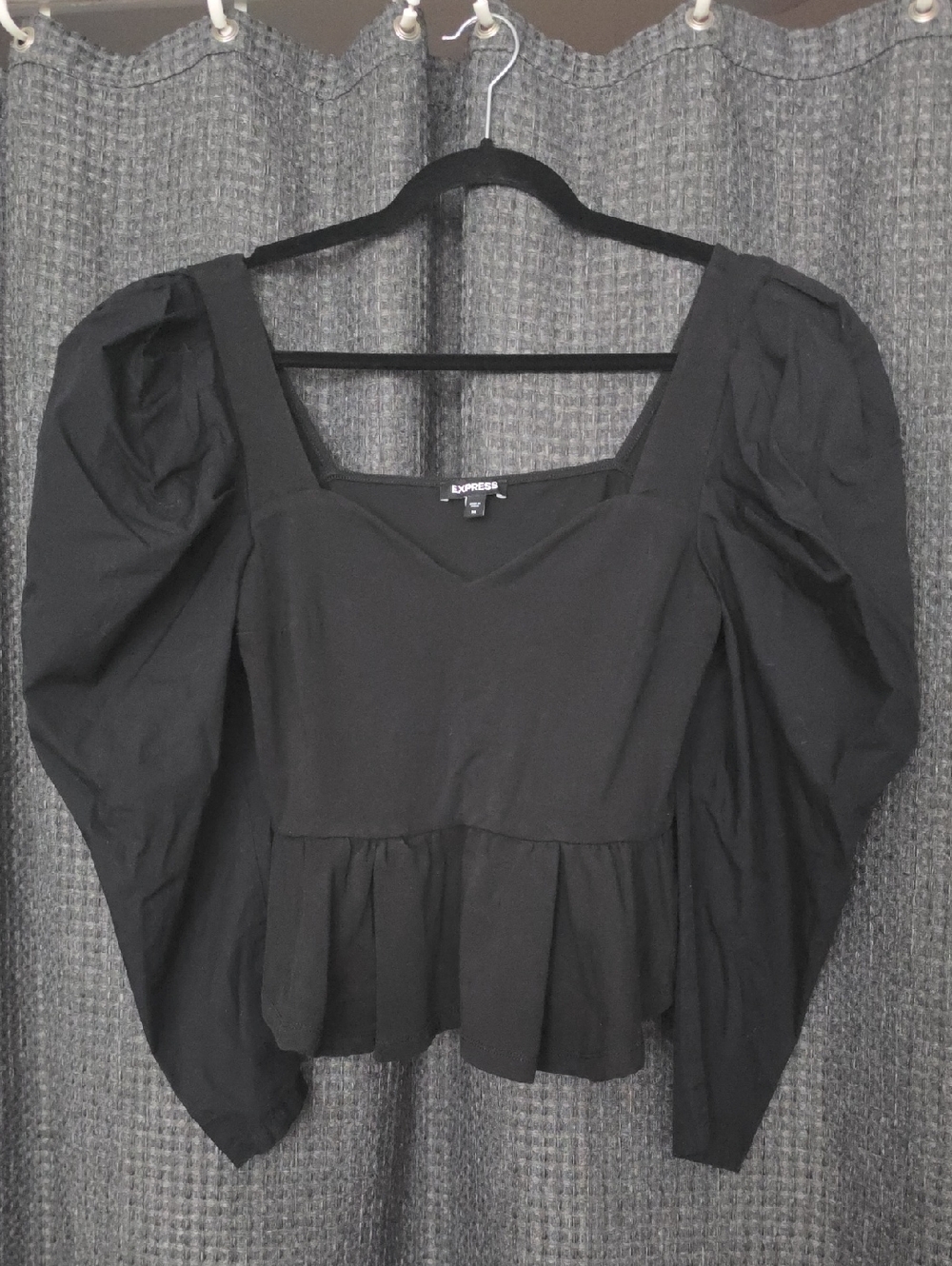 Express Black Square-Neck Puff Sleeve Peplum Top
